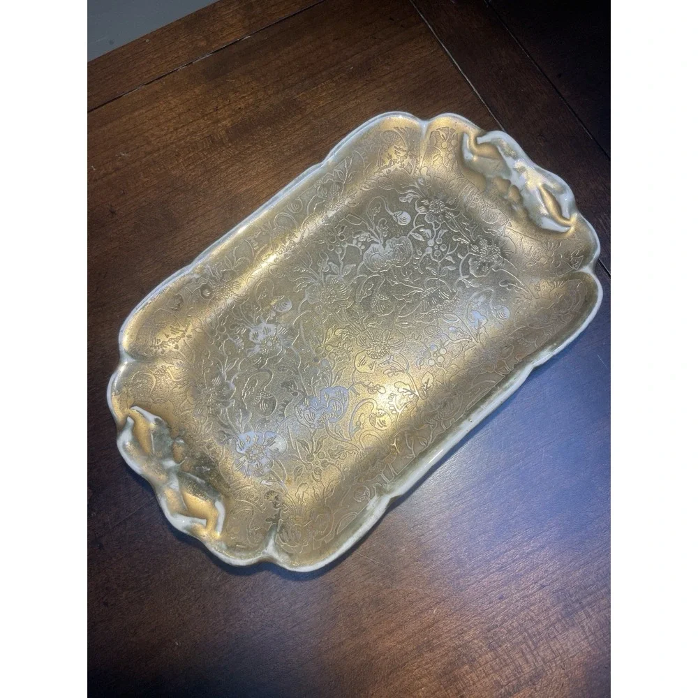 Vtg STOUFFER German SMALL GOLD LEAF Engraved OVER PORCELAIN TRAY Vanity Dish